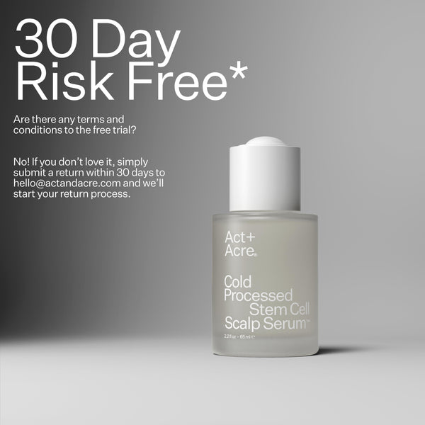  Act+Acre Stem Cell Scalp Serum with text reading "30 Day Risk Free*"
