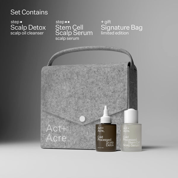 Infographic describing products included in Act+Acre Scalp Build-Up System
