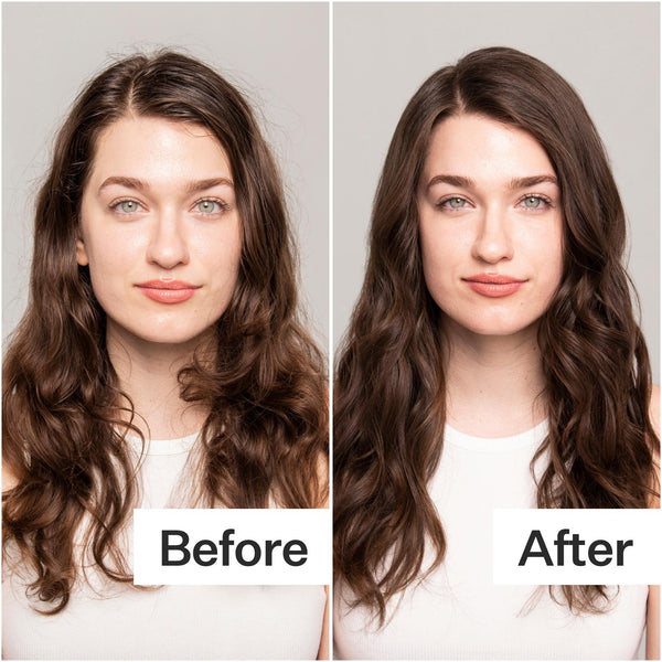 Before/After of woman with long, dark hair using Act+Acre Hair Cleanse Shampoo