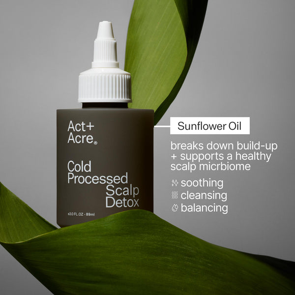 Infographic describing ingredients of Act+Acre Vitamin E Scalp Detox Oil