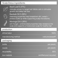 Infographic describing ingredients, production and packaging information of Act+Acre Vitamin E Scalp Detox Oil