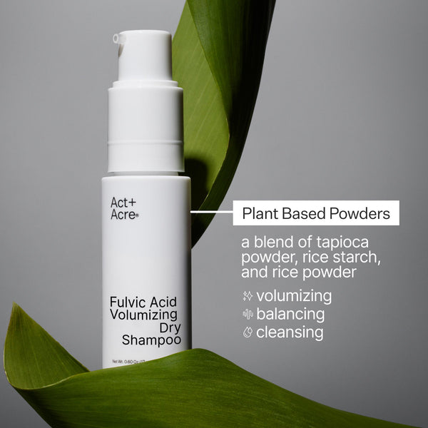 Infographic describing ingredients and benefits of Act+Acre Fulvic Acid Volumizing Dry Shampoo