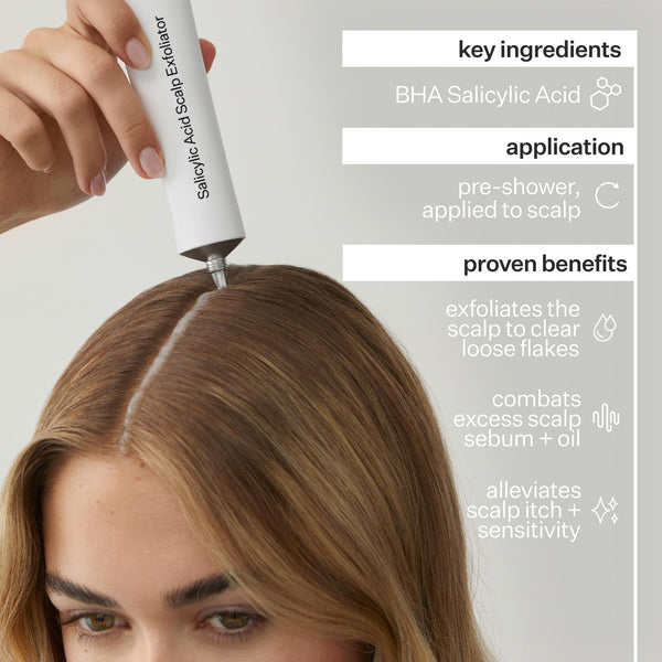 Infographic describing key ingredients, application and proven benefits of Act+ Acre BHA Salicylic Acid Scalp Exfoliator