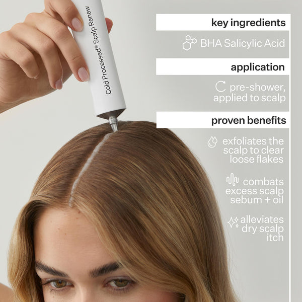 Infographic describing ingredients, application and benefits of Act+Acre Scalp Renew