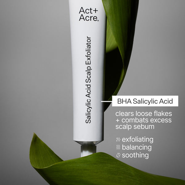 Infographic describing Act+ Acre BHA Salicylic Acid Scalp Exfoliator ingredients