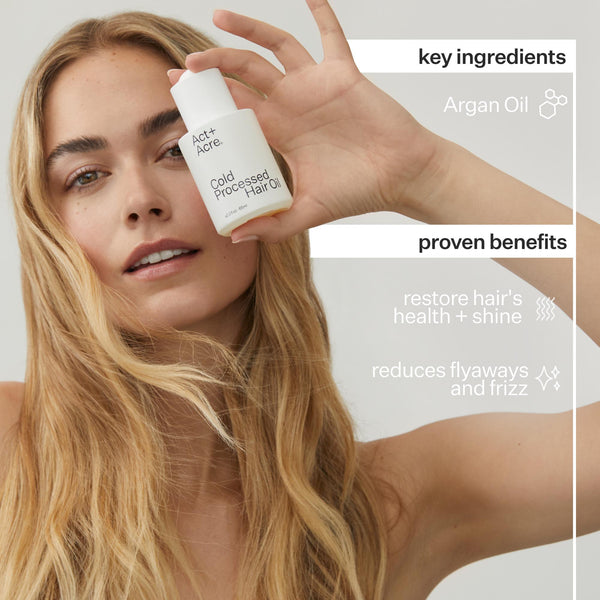 Infographic describing Act+Acre 5% Argan Repair Hair Oil key ingredients and proven benefits