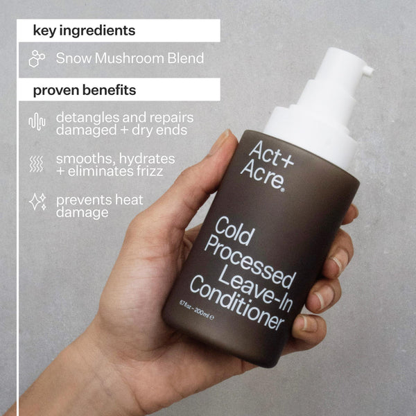 Infographic describing key ingredients and proven benefits of Act+Acre 2% Squalene Anti-Frizz Leave In Conditioner