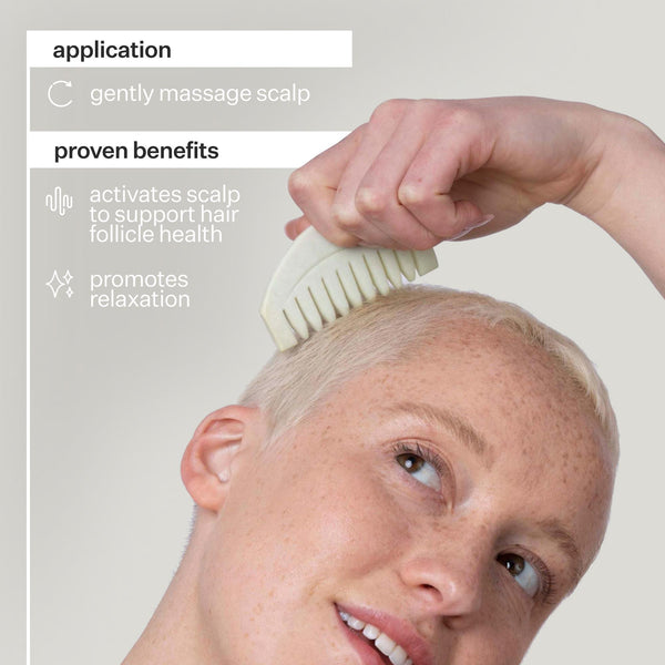 Infographic describing application and proven benefits of Act+Acre Scalp Gua Sha Tool