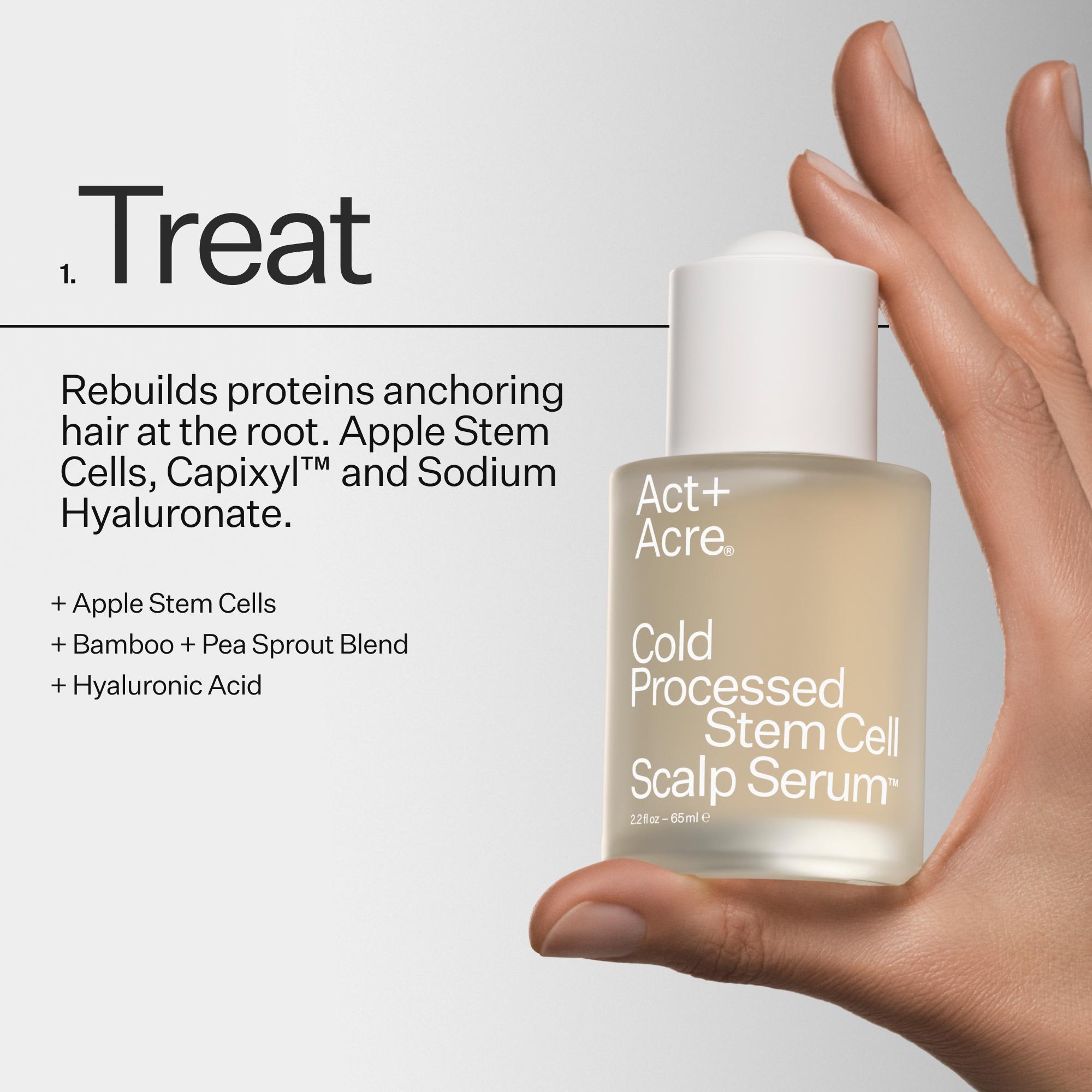 A hand holding a frosted glass bottle of Act+ Acre Cold Processed Stem Cell Scalp Serum against a light gray background with product text on the left.