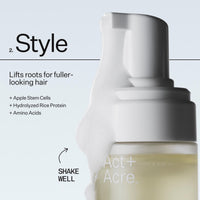 Act + Acre hair root-lift styling product shown in a close-up with a white pump and foam, alongside text reading 'Style' and 'Lifts roots for fuller-looking hair' on a pale blue background.