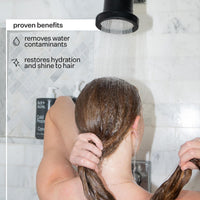 Infographic describing Act+Acre Showerhead Filter benefits
