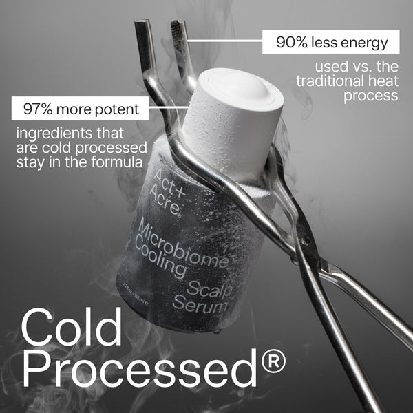 Infographic describing Cold Processed® method used when making Act+Acre Microbiome Cooling Scalp Serum
