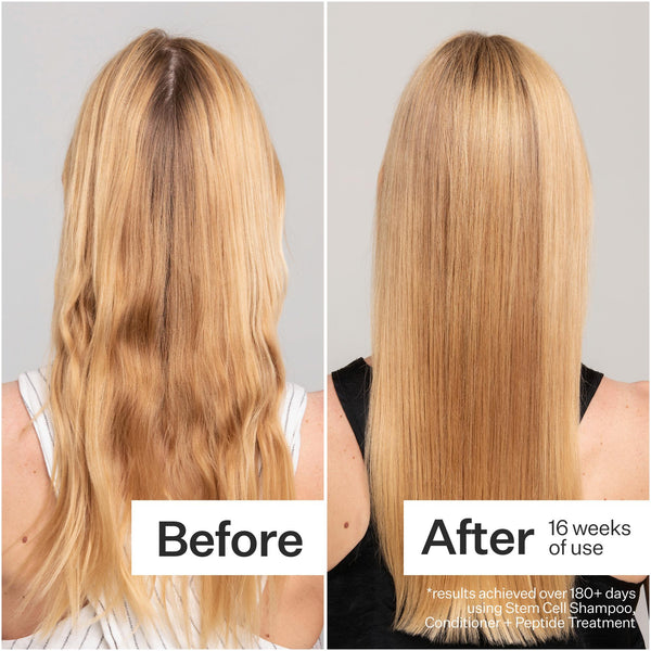 Before/After of long, blonde hair when using Act+Acre Stem Cell Conditioner