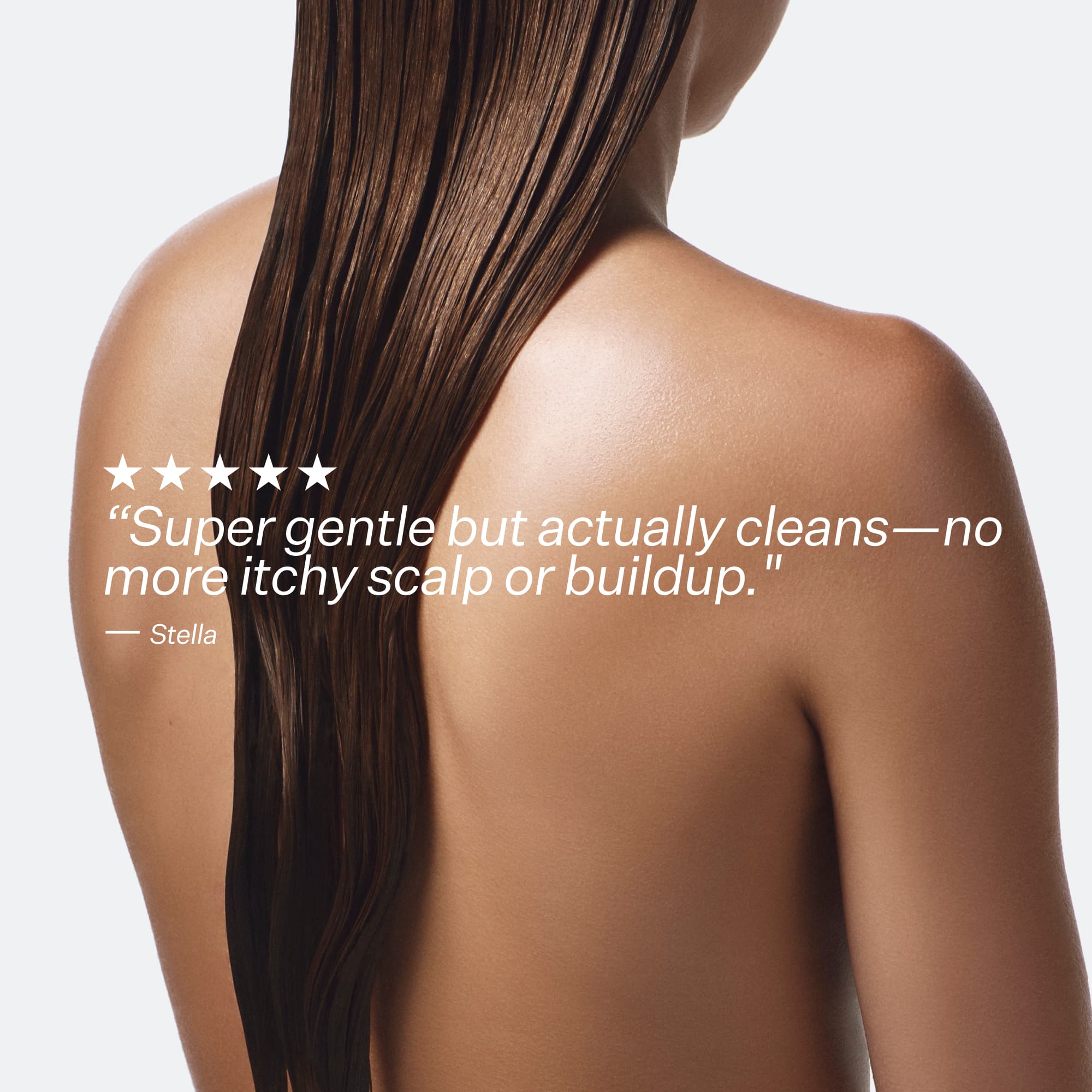 Positive customer review and 5 star rating in front of model image with wet hair