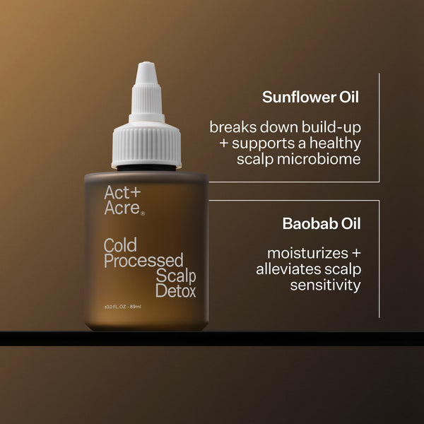 Infographic describing ingredients of Act+Acre Vitamin E Scalp Detox Oil