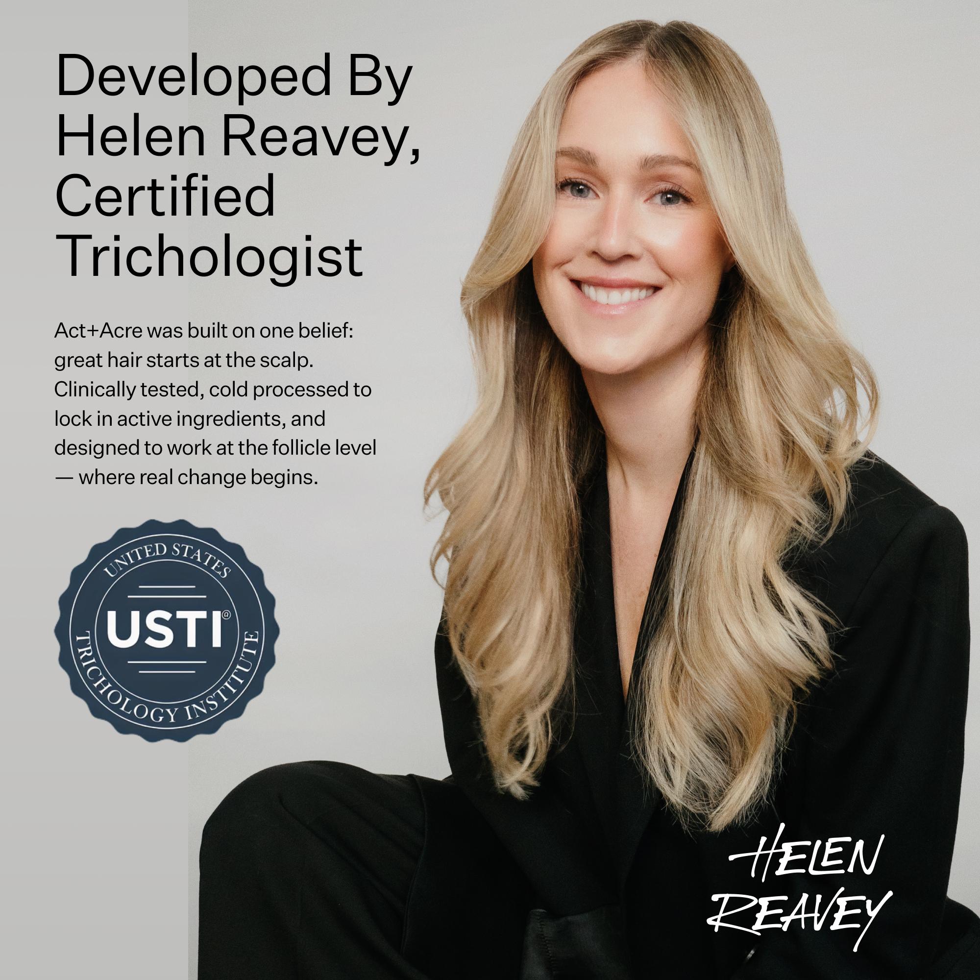 Woman with long blonde hair and text about Helen Reavey, a certified trichologist, and USTI.