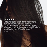 Close-up of a person with long hair, featuring a five-star rating and customer review text.