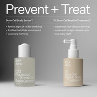 Two bottles of Act+Acre scalp serum with text on a gray background