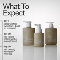 Infographic describing what to expect when using Act+Acre Stem Cell Shampoo