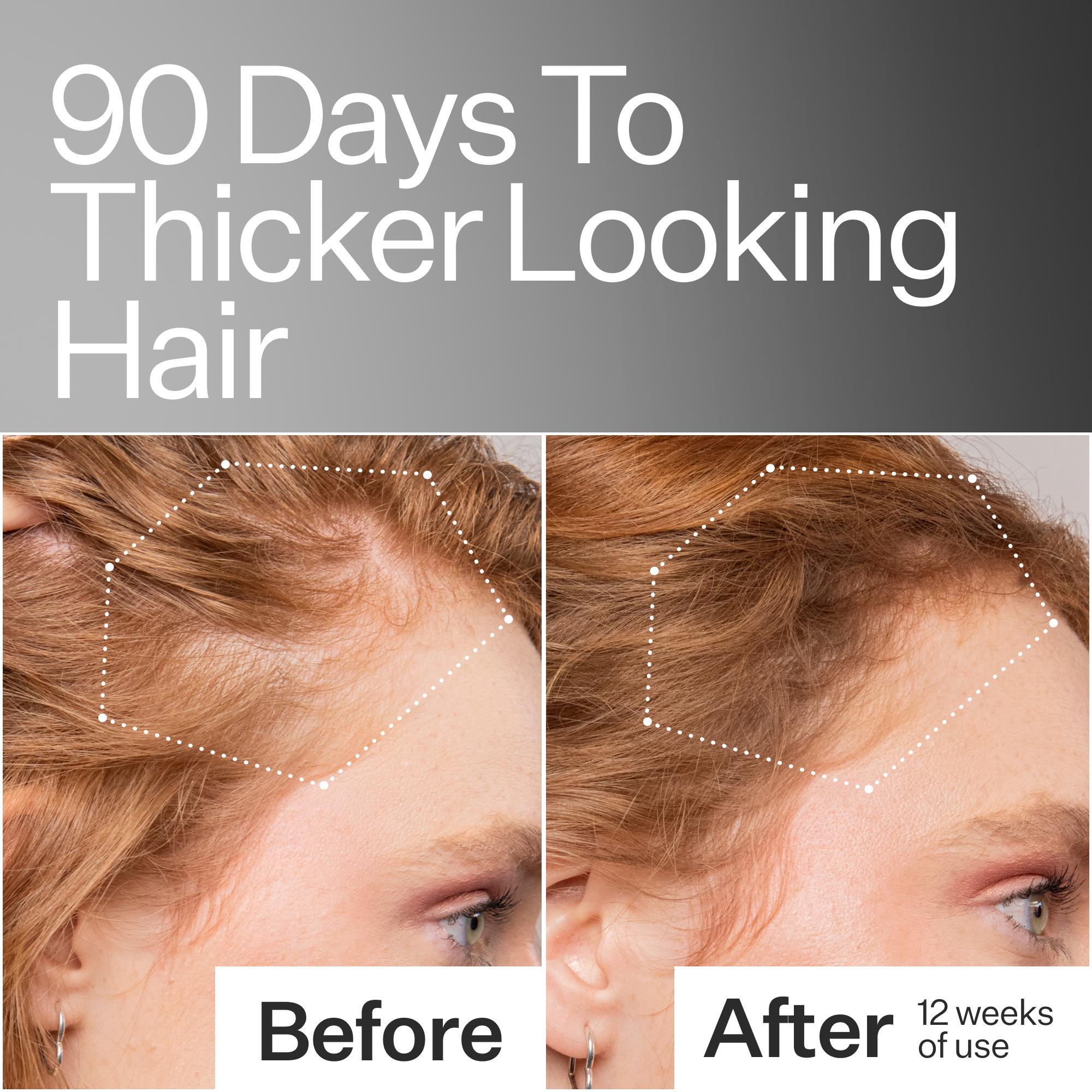 Before and after comparison of hair thickness with text '90 Days To Thicker Looking Hair' on a gray background.