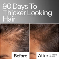 Before and after photos of models hair close up, instructing 90 days to thicker looking hair 
