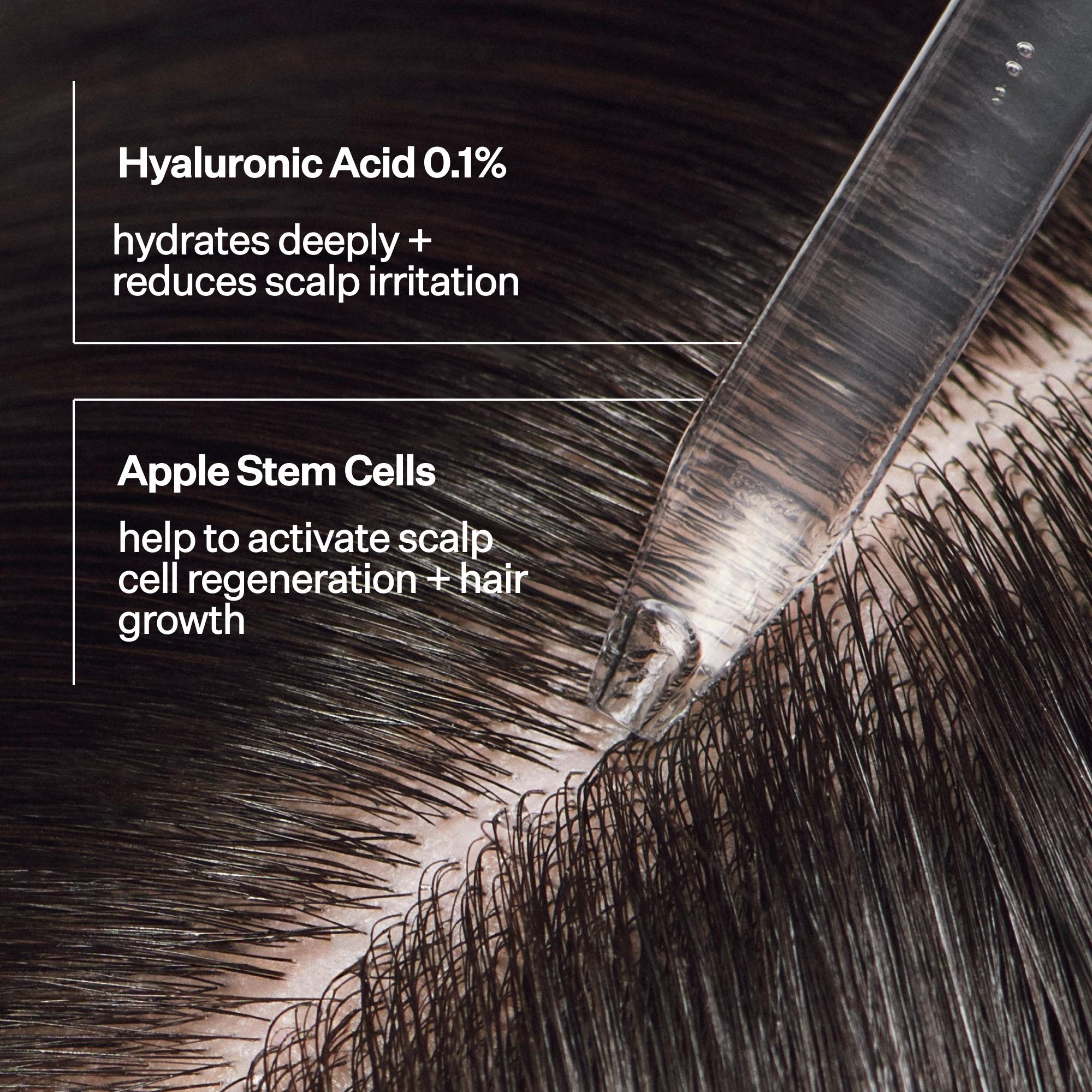 Close-up of hair with text about Hyaluronic Acid and Apple Stem Cells for scalp care.