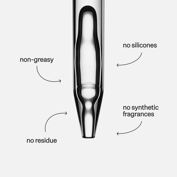 Infographic detailing benefits of formula as well as lack of silicones and synthetic fragrances