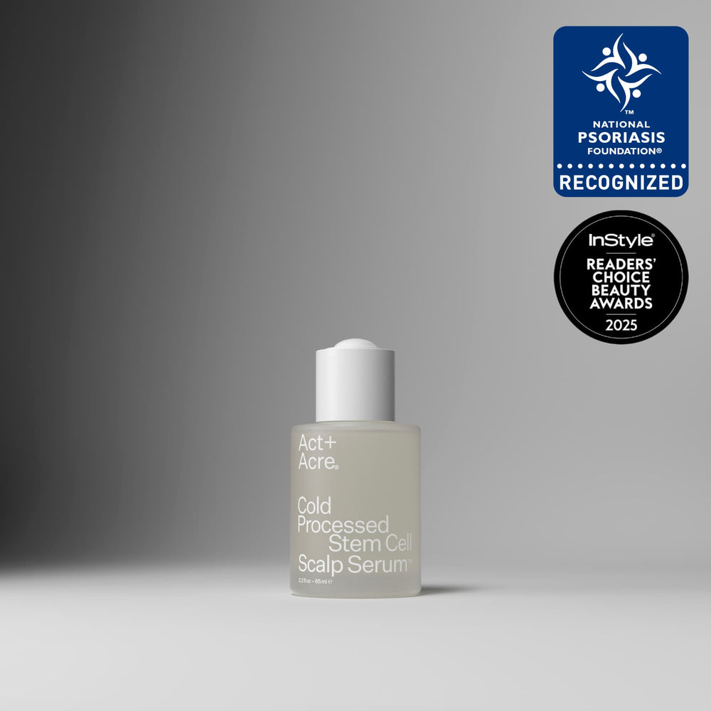 Bottle of scalp serum with awards on a gray background