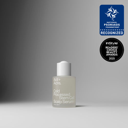 Bottle of scalp serum with awards on a gray background