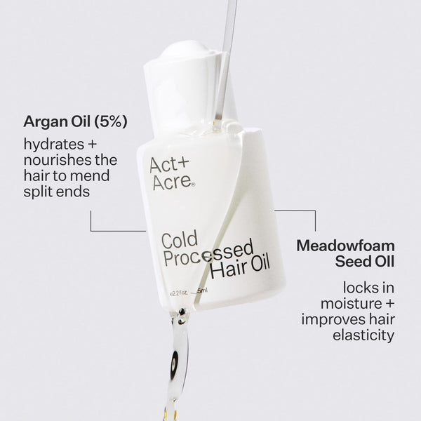 Infographic describing ingredients of Act+Acre Hair Oil