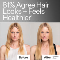 Before/After of woman with long, blonde hair using Act+Acre Stem Cell Conditioner