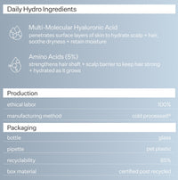 Product label detailing daily hydro ingredients, production methods, packaging information, and sustainability details on a light blue background.