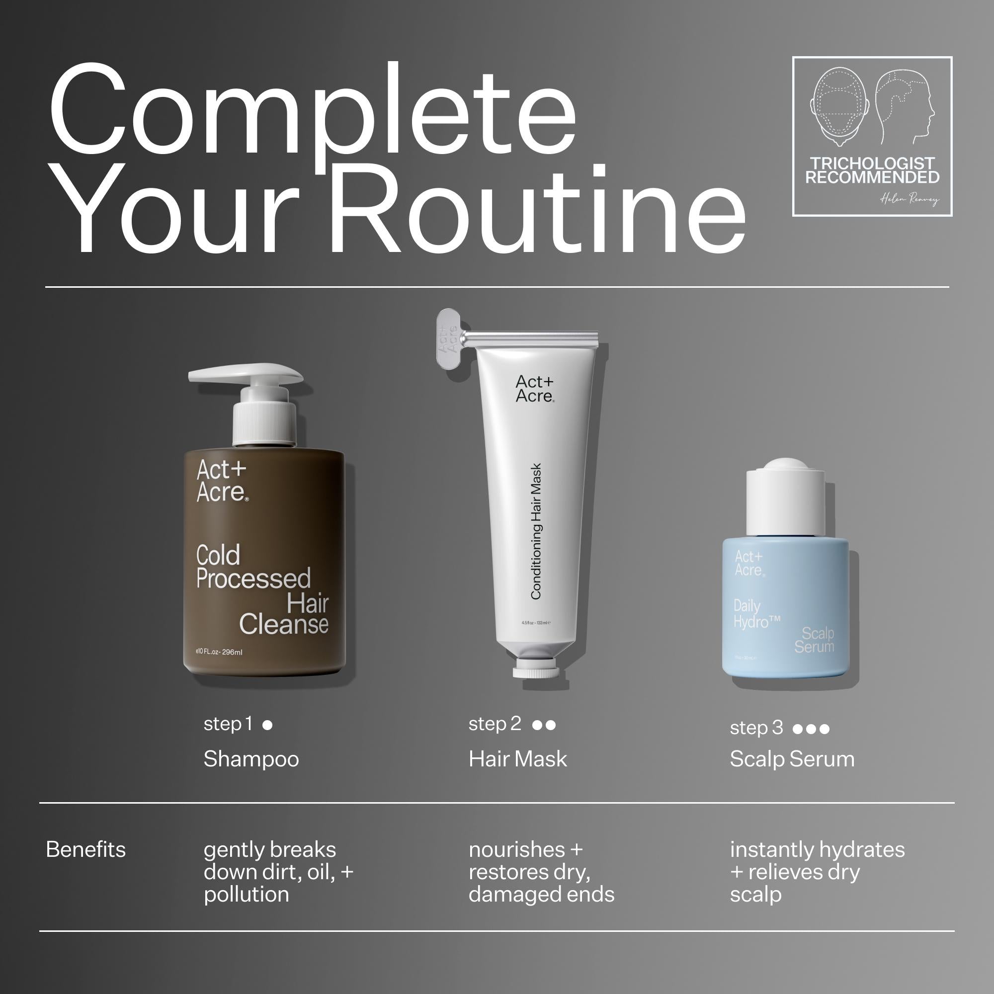 Three hair care products with labels and descriptions on a gray background