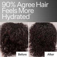 Before and after comparison of hair hydration with text indicating 90% agree hair feels more hydrated.