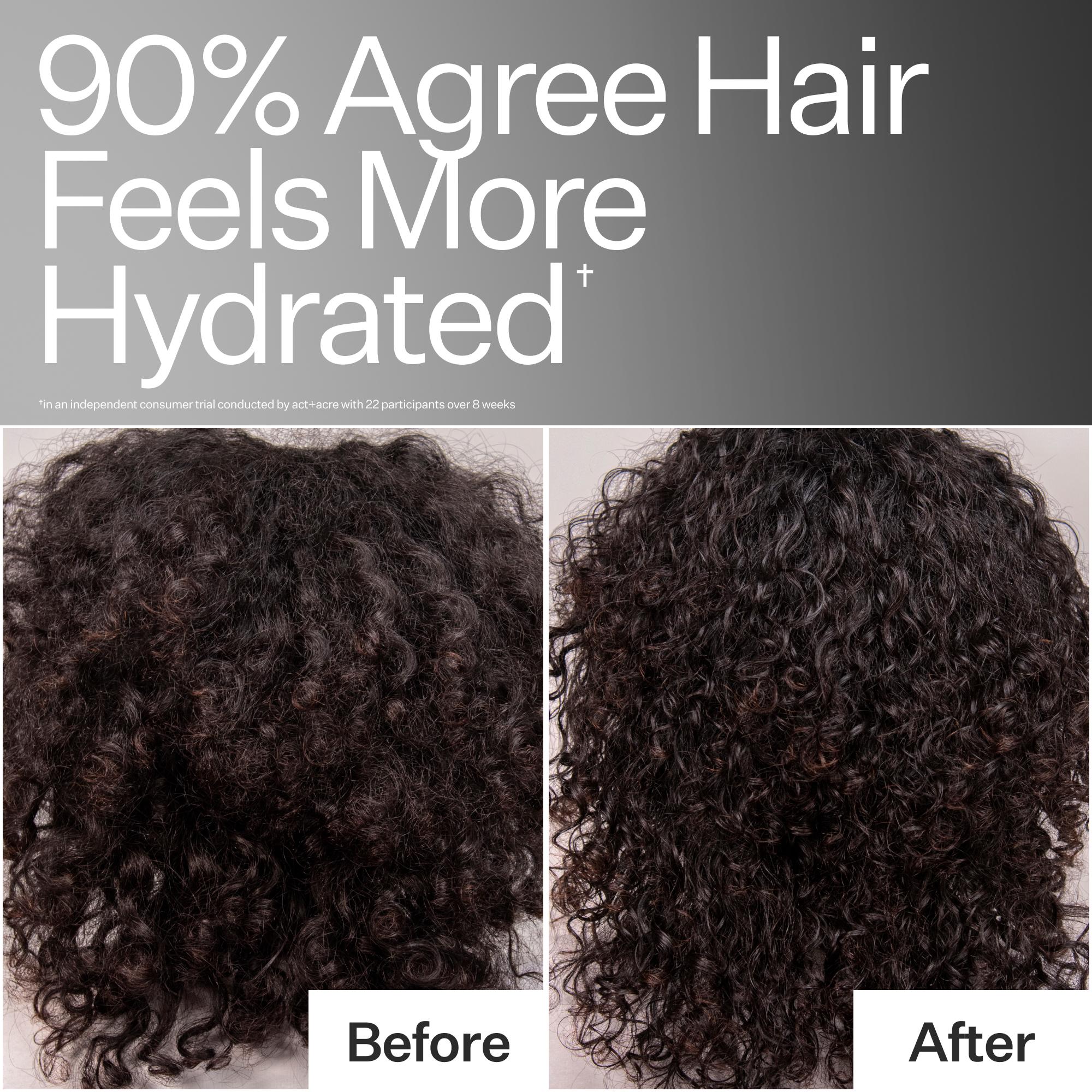 Before and after comparison of hair hydration with text indicating 90% agree hair feels more hydrated.
