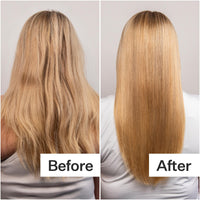 Before and after comparison of hair treatment on a person with blonde hair.