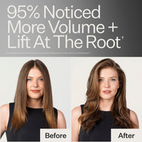 Before-and-after hair volume comparison showing a woman with straight brown hair labeled 'Before' and wavy voluminous brown hair labeled 'After' under the headline '95% Noticed More Volume + Lift At The Root'.