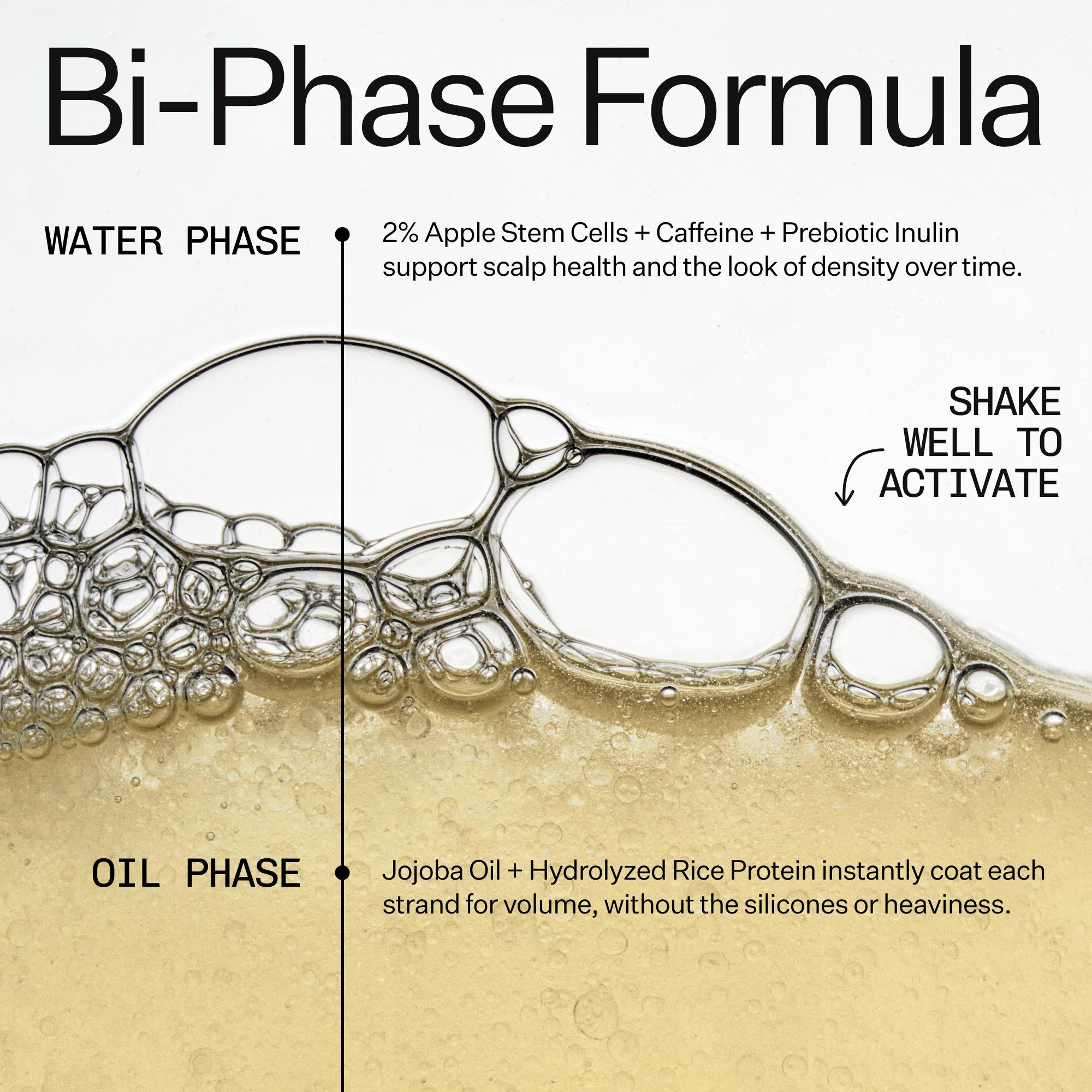 An informational graphic for a bi-phase formula hair treatment, showing a clear liquid with bubbles splitting into a water phase and an oil phase. Text explains the components: 2% apple stem cells, caffeine, and prebiotic inulin for scalp health, and jojoba oil and hydrolyzed rice protein for volume.