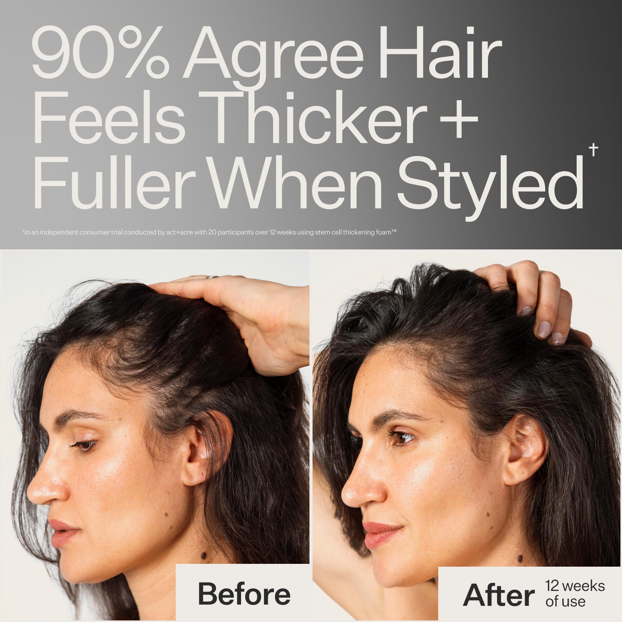 Before-and-after hair growth comparison showing a woman with dark hair, with text at the top reading '90% Agree Hair Feels Thicker + Fuller When Styled'.