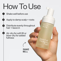 A hand holds a bottle of Act+ Acre Stem Cell Thickening Foam against a light gray background with a 'How To Use' instruction graphic on the left.