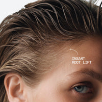 Close-up of a person's hair and forehead with the text 'INSANT ROOT LIFT' and arrow indicating a lifted hairline, showing the effect of a hair lifting treatment.