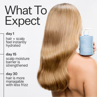 Person with long blonde hair holding a bottle of shampoo with text on expected results.