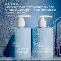 Two bottles of Act+Acre Daily Hydro™ Hydrating Shampoo and Conditioner with a customer review on a blue background.