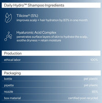 List of Act+Acre Daily Hydro™ Shampoo ingredients and production details on a blue background