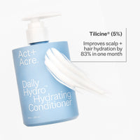 Act+Acre Daily Hydro™ Hydrating Conditioner bottle with text about scalp and hair hydration improvement.