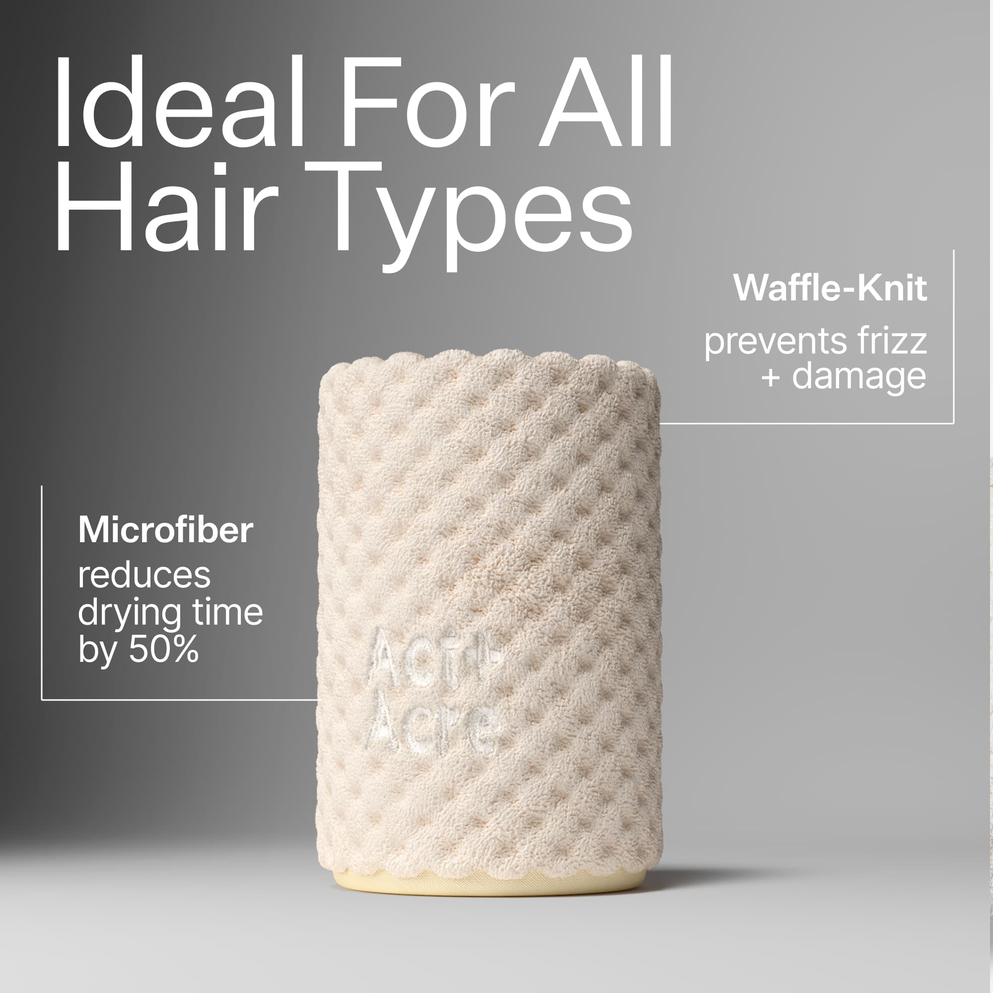 Infographic describing  materials of Act+Acre Microfiber Hair Towel