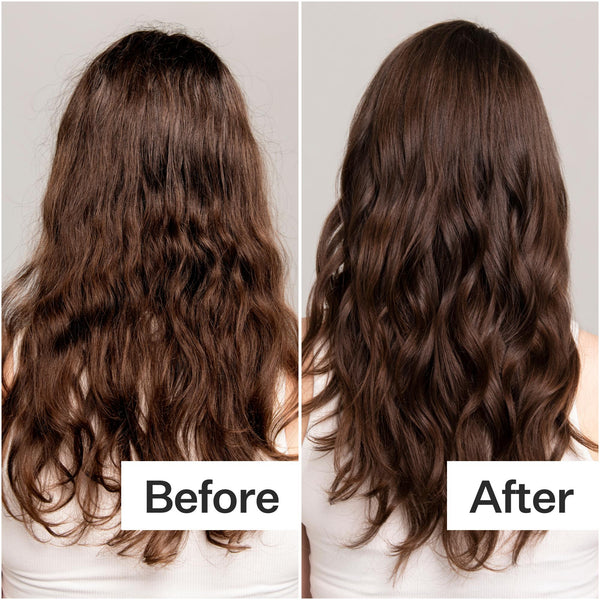 Before/After of long, dark hair when using Act+Acre Moisture Balancing Conditioner