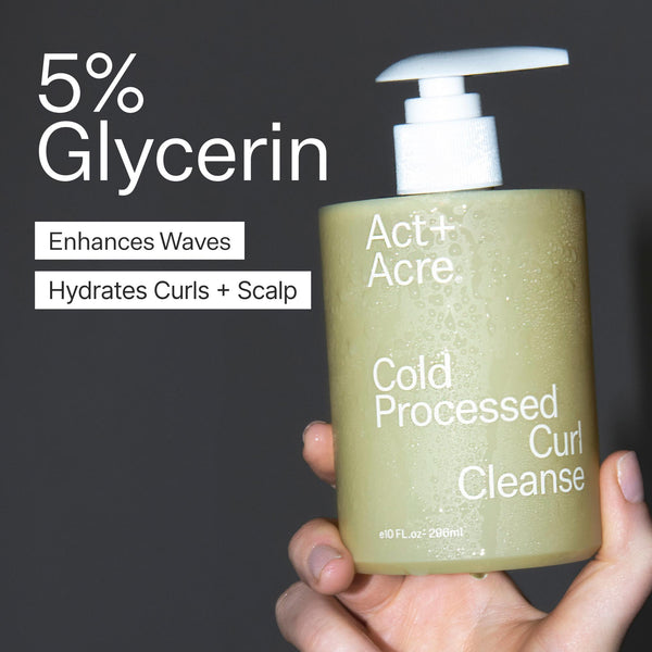 Infographic describing ingredients of Act+Acre Curl Cleanse Shampoo
