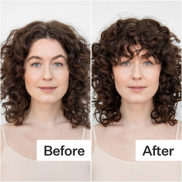 Before/After of woman with dark, curly hair when using Act+Acre Curl Cleanse Shampoo