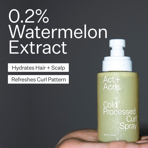 Infographic describing Act+Acre Curl Spray ingredients